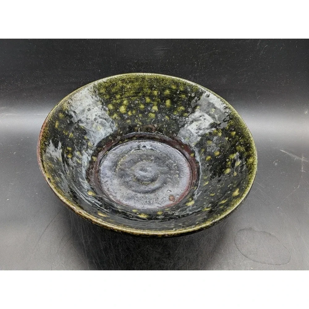 Vintage 1997 Signed Studio Pottery Bowl Black Green Raku Glaze Signed Bo 10